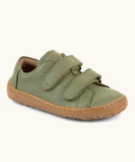 Froddo barefoot base children's shoe in green. A natural leather low profile shoe showing 2 velcro fasteners and a grippy sole