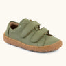 Froddo barefoot base children's shoe in green. A natural leather low profile shoe showing 2 velcro fasteners and a grippy sole