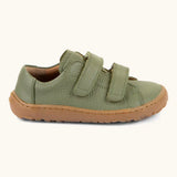 Side of Froddo barefoot base children's shoe in green showing the 2 velcro fasteners 