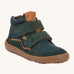 Froddo barefoot Tex Autumn children's shoe in petroleum available at Babipur. A dark turquoise shoe with 2 velcro fasteners on the front for a secure fit, padded ankle and a brown grippy sole.