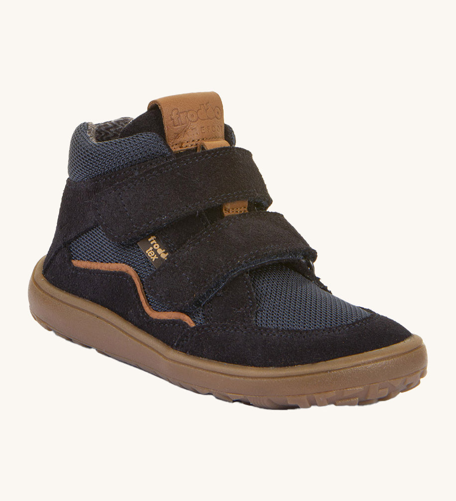 Froddo barefoot Tex Autumn children's shoe in dark blue. A children's waterproof shoe with a 2 velcro fastener on the front for a secure fit, padded ankle and a brown grippy sole.