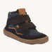 Froddo barefoot Tex Autumn children's shoe in dark blue. A children's waterproof shoe with a 2 velcro fastener on the front for a secure fit, padded ankle and a brown grippy sole.