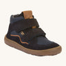 Froddo barefoot Tex Autumn children's shoe in dark blue. A children's waterproof shoe with a 2 velcro fastener on the front for a secure fit, padded ankle and a brown grippy sole.