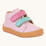 Froddo first step shoes in pink available at Babipur. A soft ankle high natural leather shoe in light pink with 2 velcro straps on the front in dark pink and light blue. Features a light brown rubber grippy sole and a padded ankle support