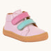 Froddo first step shoes in pink available at Babipur. A soft ankle high natural leather shoe in light pink with 2 velcro straps on the front in dark pink and light blue. Features a light brown rubber grippy sole and a padded ankle support.