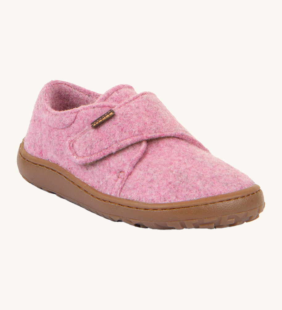 Froddo barefoot wooly children's shoe in pink. A natural wooly shoe with a velcro fastener for a secure fit and a dark brown grippy sole