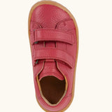Top view of Froddo barefoot base children's shoe in red showing the velcro strap fastener and insole detail