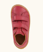 Top view of Froddo barefoot base children's shoe in red showing the velcro strap fastener and insole detail