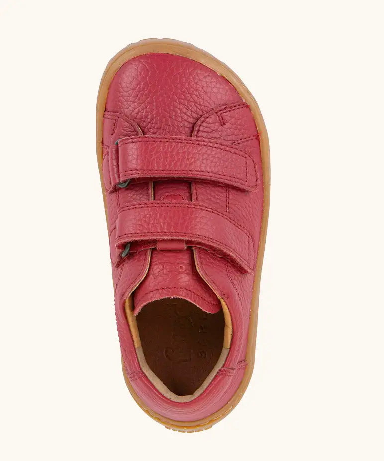 Top view of Froddo barefoot base children's shoe in red showing the velcro strap fastener and insole detail