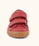 Front of the Froddo barefoot base children's shoe in red showing the 2 velcro fasteners and the brown grippy sole detail