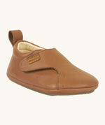 Froddo barefoot walker baby shoe in cognac. A light brown natural leather shoe with a pull tab on the back for easy fitting, a velcro fastener and a grippy sole