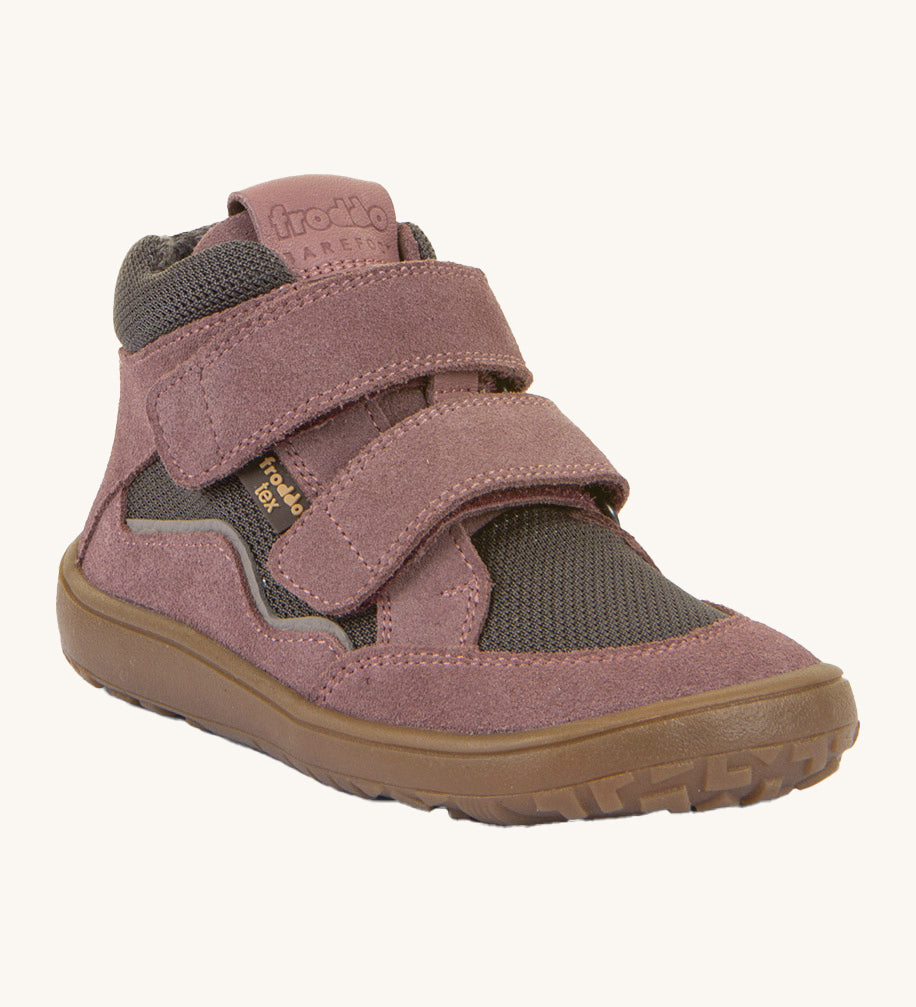Froddo barefoot Tex Autumn children's shoe in grey and pink. A children's waterproof shoe with a 2 velcro fastener on the front for a secure fit, padded ankle and a brown grippy sole.