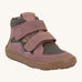 Froddo barefoot Tex Autumn children's shoe in grey and pink. A children's waterproof shoe with a 2 velcro fastener on the front for a secure fit, padded ankle and a brown grippy sole.