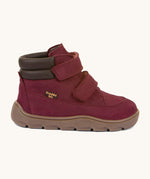 A side image of the Froddo barefoot Zuru tex children's shoe in Bordeau showing the padded ankle and the dark brown grippy sole