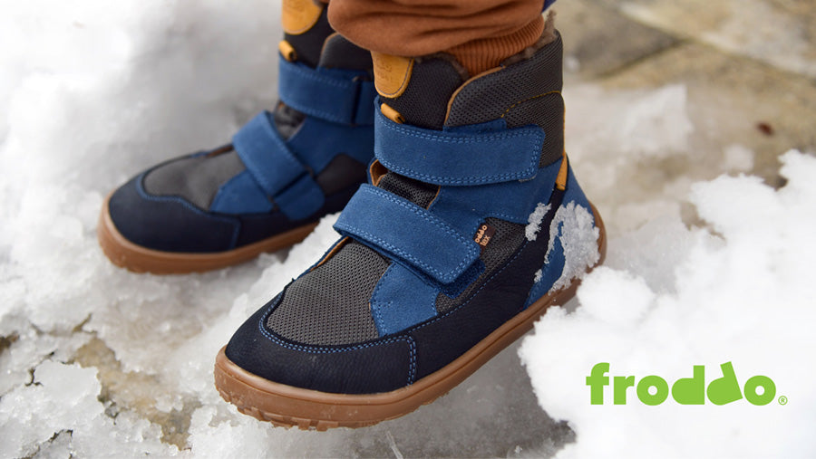 A closeup of blue Froddo Kids' Barefoot shoes