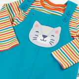 Frugi GOTS organic cotton dungaree outfit in light bluewith a cat applieque showing the adjustable shoulder straps