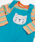 Frugi GOTS organic cotton dungaree outfit in light bluewith a cat applieque showing the adjustable shoulder straps