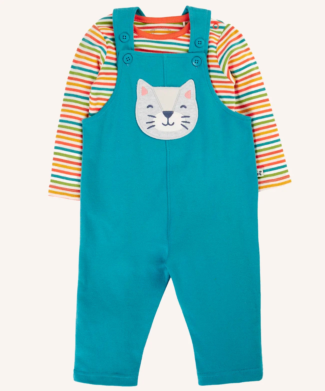 Frugi ruan dungaree outfit with a boat blue dungarees with a wild cat applique on the front and a rainbow stripe long sleeve top. 