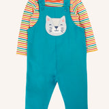 Frugi ruan dungaree outfit with a boat blue dungarees with a wild cat applique on the front and a rainbow stripe long sleeve top. 