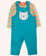 Frugi ruan dungaree outfit with a boat blue dungarees with a wild cat applique on the front and a rainbow stripe long sleeve top. 