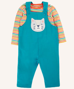 Frugi ruan dungaree outfit with a boat blue dungarees with a wild cat applique on the front and a rainbow stripe long sleeve top. 