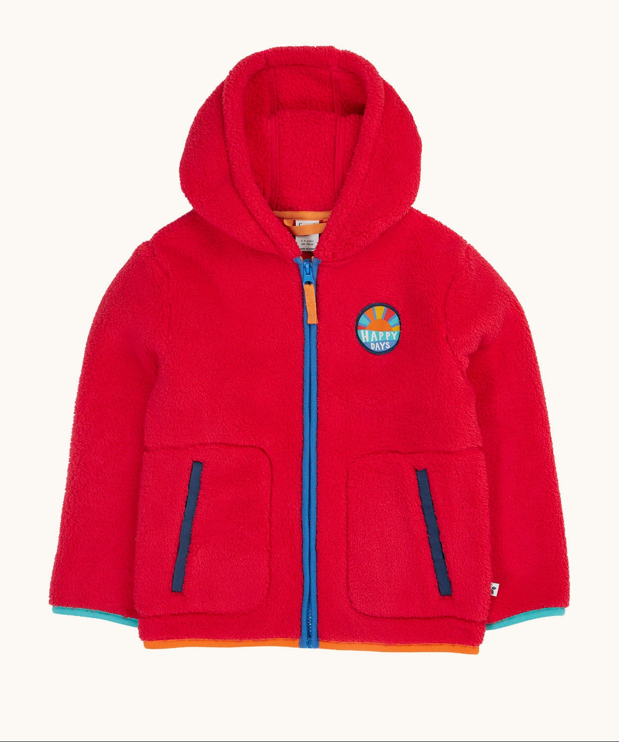 Frugi red fleece hooded children's jacket with contrasting blue zip trim and orange zip pull. Badge detail featuring the words happy days and an image of the sun on the chest. Two front pockets with navy binding. 