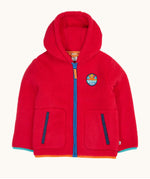 Frugi red fleece hooded children's jacket with contrasting blue zip trim and orange zip pull. Badge detail featuring the words happy days and an image of the sun on the chest. Two front pockets with navy binding. 