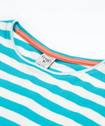 Close up of the Frugi kids Felicity koala dress. Showing the neck trim and light orange trim on the inside of the neck on white and light blue striped organic cotton fabric