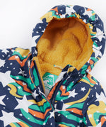 A close up of the Frugi 2 in 1 rambler  coat in magic stars. Showing the yellow fleece inner liner on the hood and zip detail.