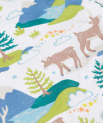 A close up of the print on the Frugi Adult organic cotton Penzance Pyjamas with an all over Caribou Fields print. These festive pyjamas have matching children's and baby sizes available here at Babipur. 
