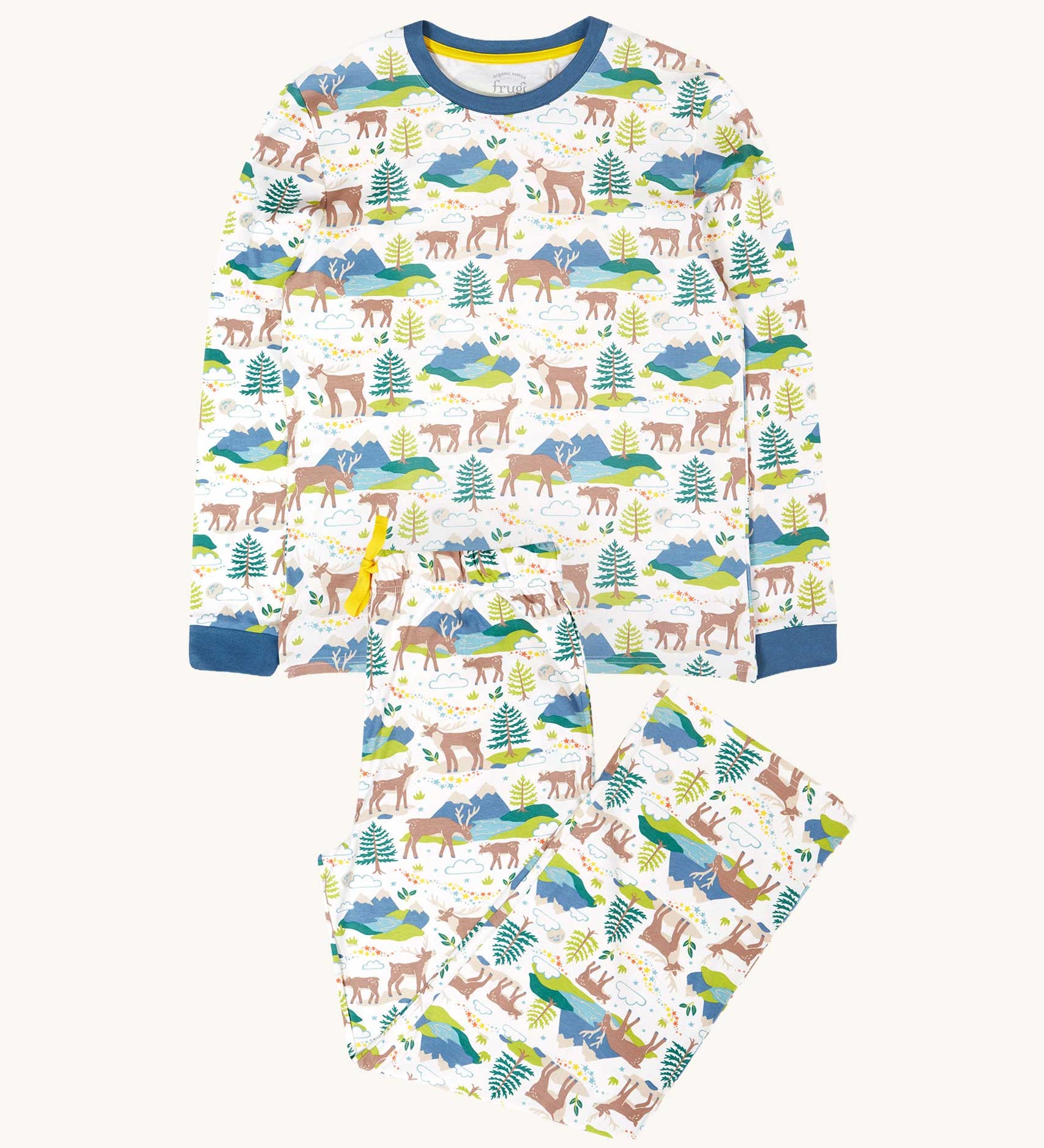 Frugi Adult organic cotton Penzance Pyjamas with an all over Caribou Fields print. These festive pyjamas have matching children's and baby sizes available here at Babipur. 
