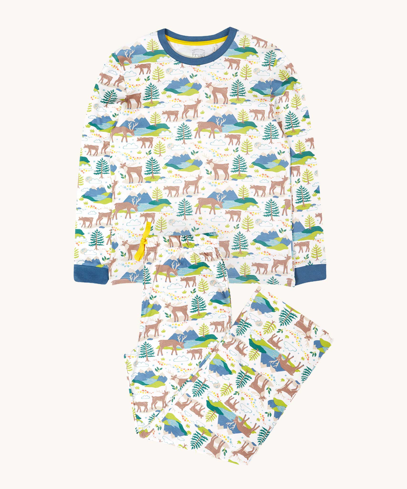 Frugi Adult organic cotton Penzance Pyjamas with an all over Caribou Fields print. These festive pyjamas have matching children's and baby sizes available here at Babipur. 
