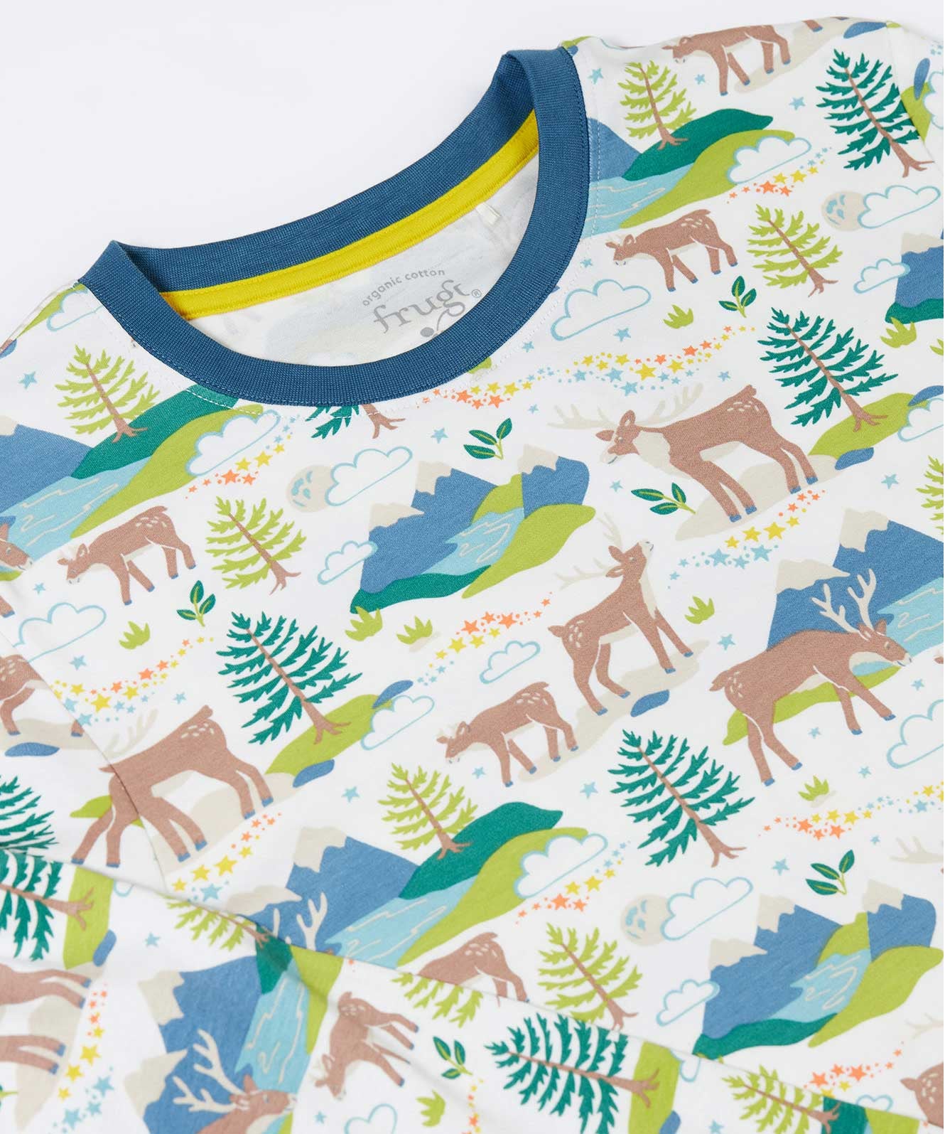 A close up of the long sleeved pyjama top from the Frugi Adult organic cotton Penzance Pyjamas with an all over Caribou Fields print. These festive pyjamas have matching children's and baby sizes available here at Babipur. 
