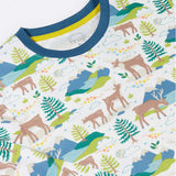 A close up of the long sleeved pyjama top from the Frugi Adult organic cotton Penzance Pyjamas with an all over Caribou Fields print. These festive pyjamas have matching children's and baby sizes available here at Babipur. 