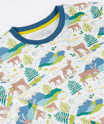 A close up of the long sleeved pyjama top from the Frugi Adult organic cotton Penzance Pyjamas with an all over Caribou Fields print. These festive pyjamas have matching children's and baby sizes available here at Babipur. 