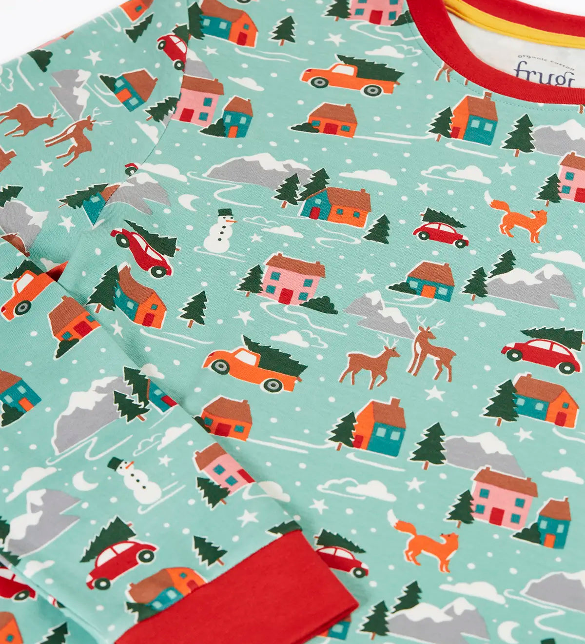 Close up of the print details on the Frugi adults organic cotton perranporth pyjamas with a festive winter drives print on a light moss green background. 