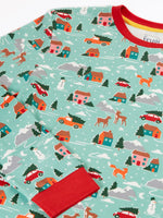 Close up of the print details on the Frugi adults organic cotton perranporth pyjamas with a festive winter drives print on a light moss green background. 