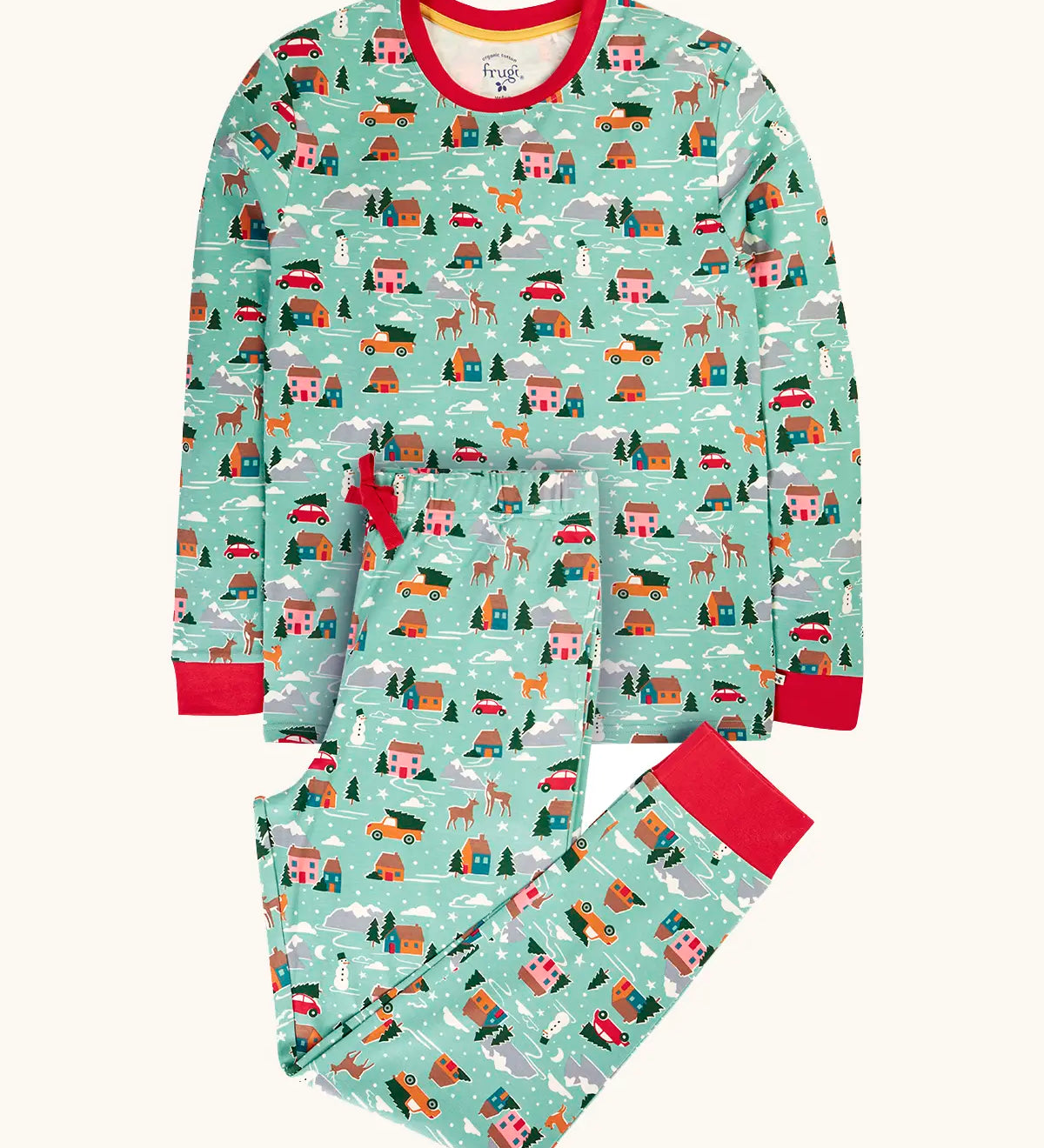 Frugi adults organic cotton perranporth pyjamas with a festive winter drives print on a light moss green background. Long sleeved top with trousers.