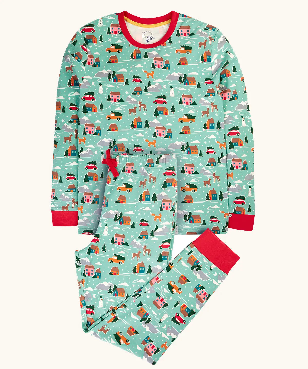 Frugi adults organic cotton perranporth pyjamas with a festive winter drives print on a light moss green background. Long sleeved top with trousers.