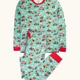 Frugi adults organic cotton perranporth pyjamas with a festive winter drives print on a light moss green background. Long sleeved top with trousers.