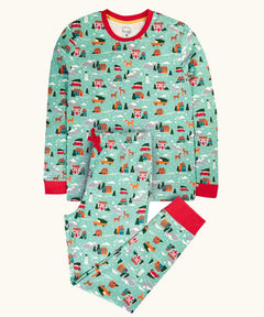 Frugi adults organic cotton perranporth pyjamas with a festive winter drives print on a light moss green background. Long sleeved top with trousers.