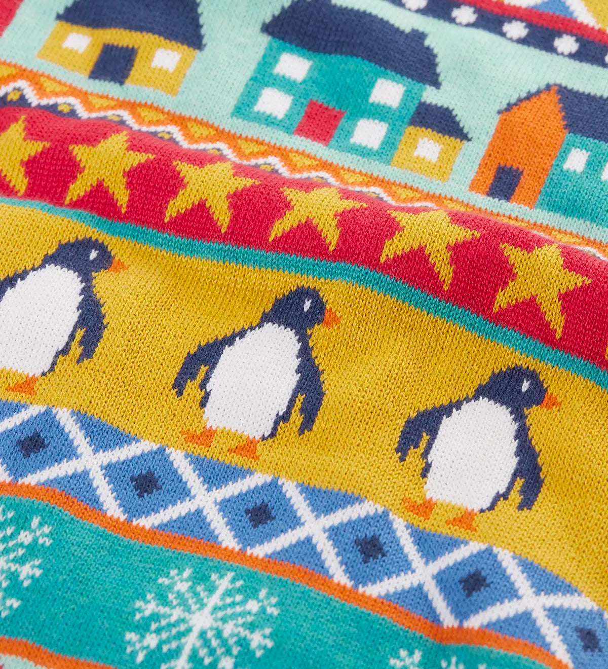 Close up of the pattern on the Frugi adults festive fair isle organic cotton christmas jumper.