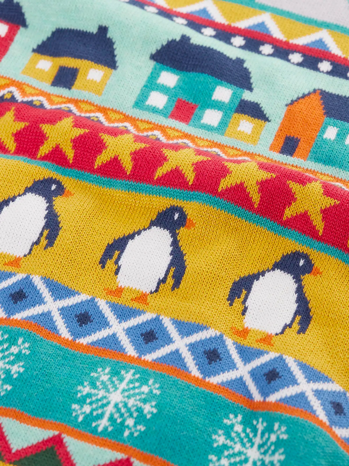 Close up of the pattern on the Frugi adults festive fair isle organic cotton christmas jumper.