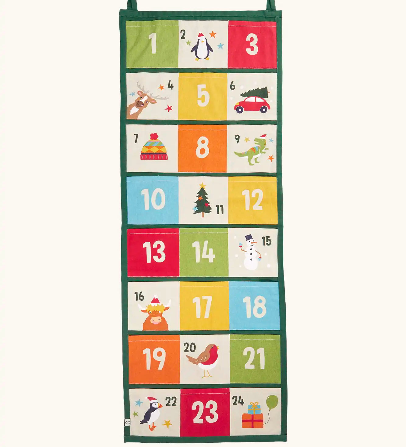 Colourful Frugi forest festive fun organic cotton advent calendar. 24 pockets with alternating colourful illustrations and colour blocks. 