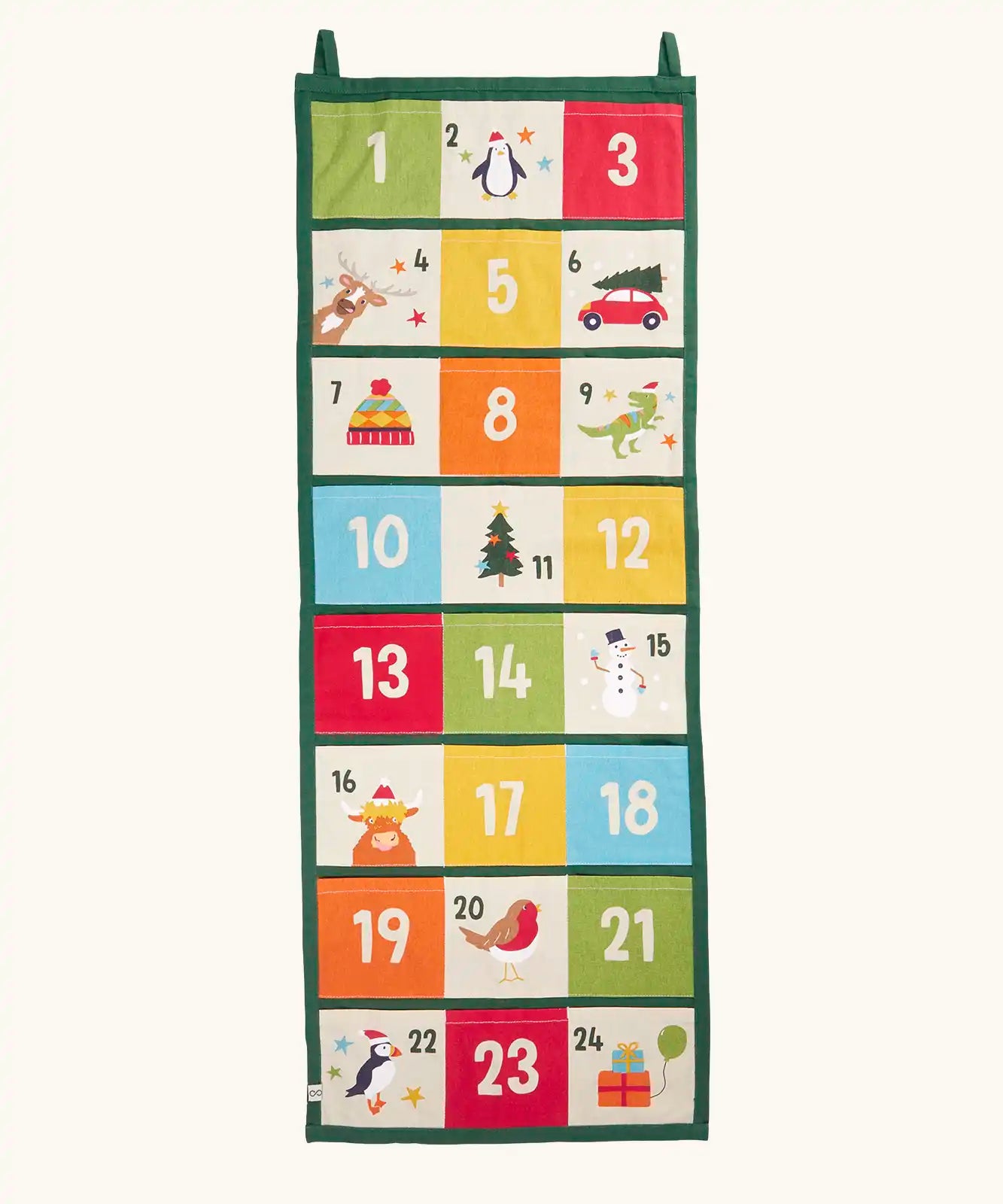 Colourful Frugi forest festive fun organic cotton advent calendar. 24 pockets with alternating colourful illustrations and colour blocks. 
