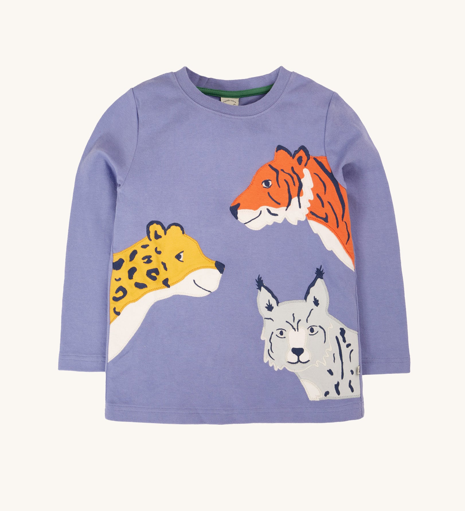 Frugi Adventure big cats Applique organic cotton long sleeved top. This top features three big cat appliques on a grape purple coloured background. This top is a part of a wide range of organic cotton clothing for children available here at Babipur. 