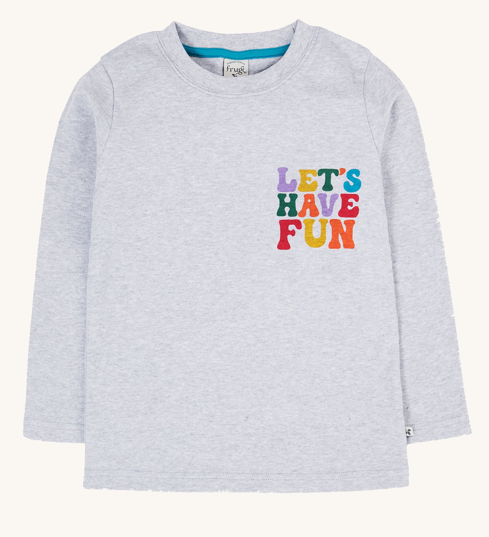 The front of the Frugi Adventure Organic Cotton Printed Kids' grey Top. The words let's have fun in multi coloured letters on the chest. 