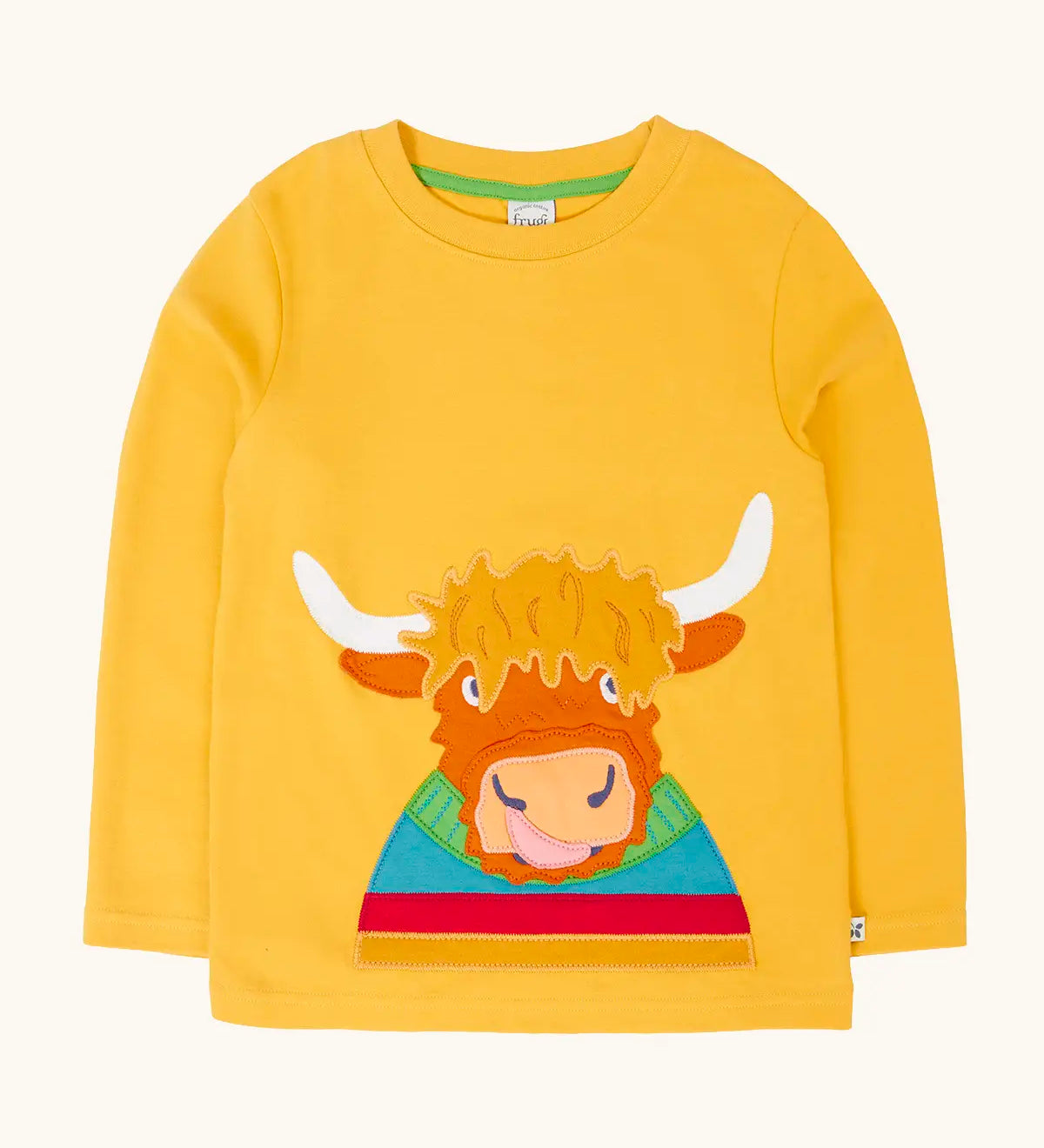 Frugi adventure circular cotton top in bumblebee yellow with a Highland cow applique on the front.