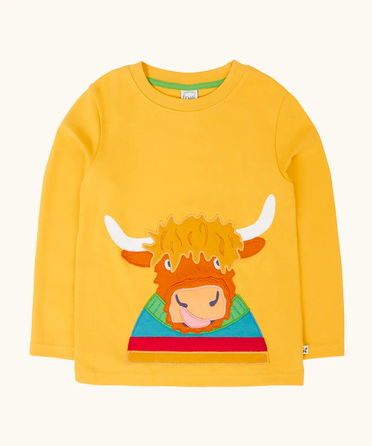 Frugi adventure circular cotton top in bumblebee yellow with a Highland cow applique on the front.
