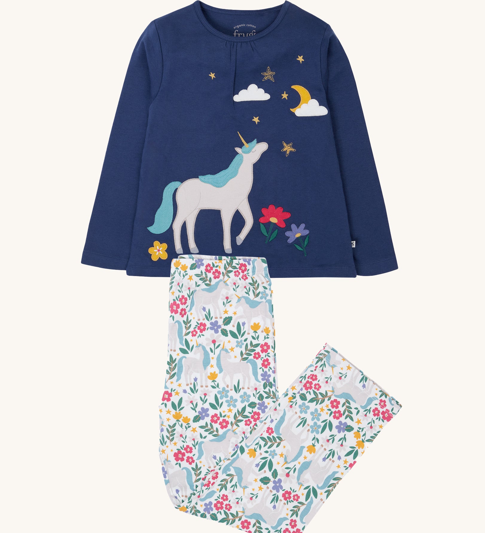 Frugi Organic Cotton Alana navy unicorn forest print children's Pyjamas. These pyjamas are part of a wide range of organic cotton clothing for children available here at Babipur. 